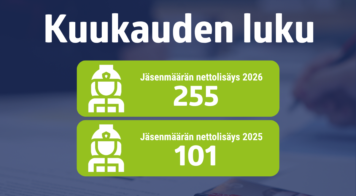 Kuukauden luku j&auml;senm&auml;&auml;r&auml;n nettolis&auml;ys 2026 255 j&auml;senm&auml;&auml;r&auml;n nettolis&auml;ys 2025 101